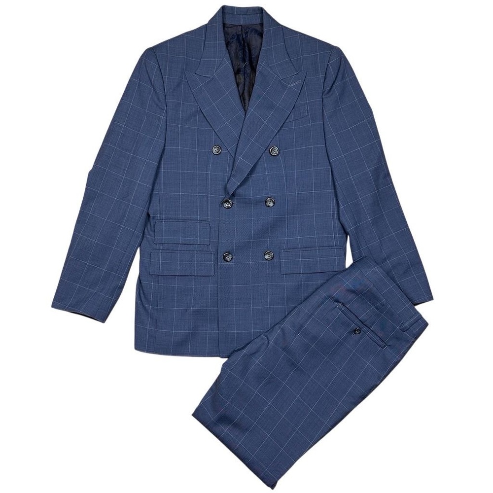 Men's Slim Fit Double Breasted Plaid Suit Blue Size 42 Formal 2 Piece
